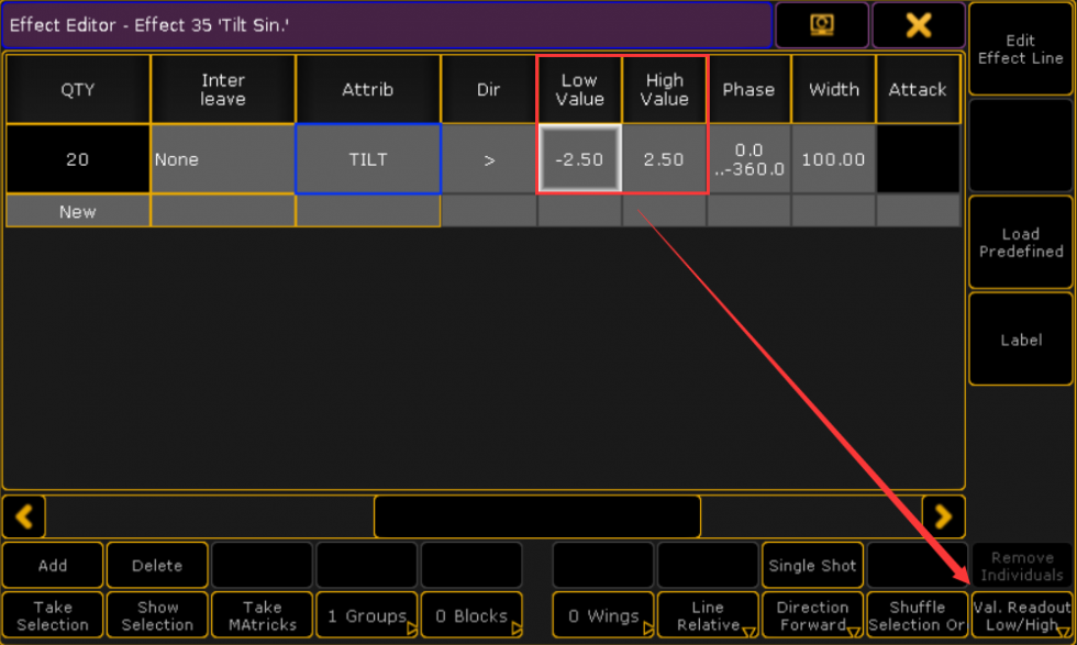 grandMA2控台在效果模板Effects中如何切换成高High/低Low值模式！